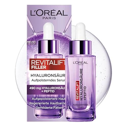 L'Oréal Paris Aufpolsterndes Serum, gegen Falten, für jugendlich und praller aussehende Haut [mit Hyaluronsäure und Peptid], Gesichtsserum, Revitalift Filler, 1 x 30ml