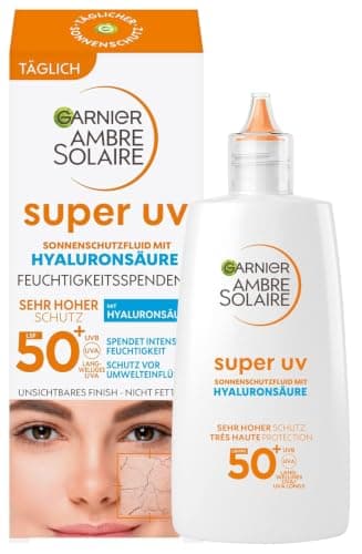 Garnier Ambre Solaire LSF 50+ Super UV Fluid Sonnenschutz, Sonnencreme mit Hyaluronsäure, ultraleichte & mattierende Formel für das Gesicht, unsichtbar, Schutz vor Sonnenbrand & Pigmentflecken, 40ml