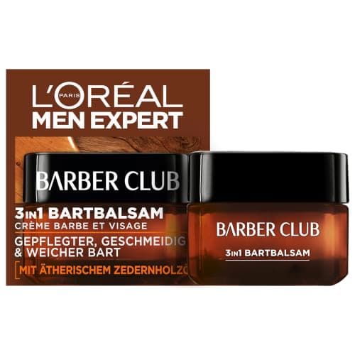 L'Oréal Men Expert Bartbalsam Bart + Haut für Männer, Unterstützung beim gesunden Bartwachstum, Beruhigende Bartpflege für Herren mit holzigem Duft und ätherischem Zedernholzöl, Barber Club, 1 x 50 ml