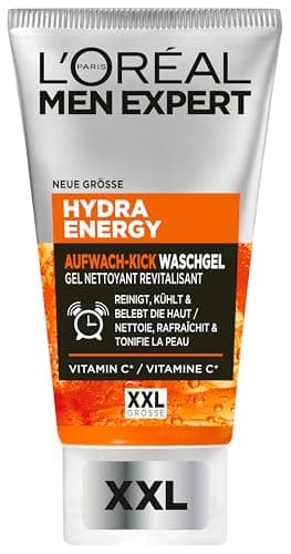 L'Oréal Men Expert XXL Gesichtsreinigung gegen müde Haut für Männer, Erfrischendes Waschgel gegen Unreinheiten, Herren Cleanser für das Gesicht mit Guarana und Vitamin C, Hydra Energy, 1 x 150 ml