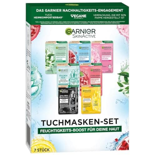 Garnier Tuchmasken Set für jeden Hauttyp, 7 Gesichtsmasken für trockene bis normale Haut, Vegane Formel mit Hyaluronsäure, Hydra Bomb und Nutri Bomb Maskenset, 7 x 28 g